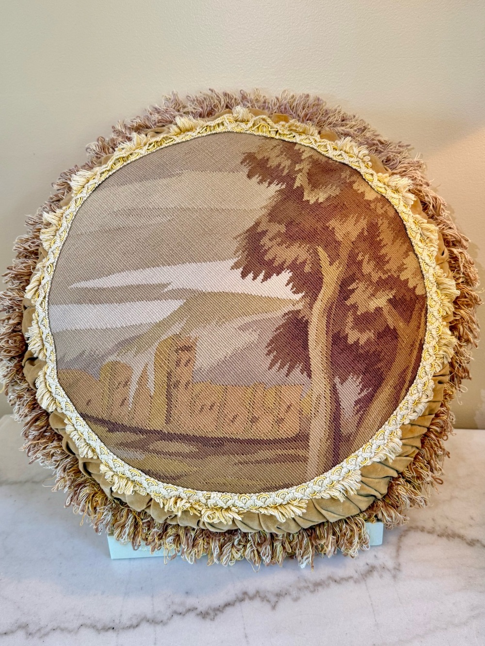 VINTAGE GLAM🔥 AUBUSSON TAPESTRY GOLD VELVET FRINGE 20” ROUND STATEMENT PILLOW